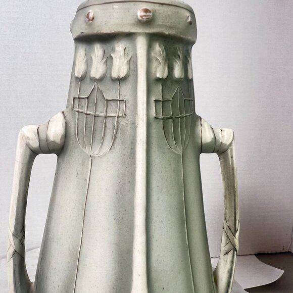 Art Nouveau Ceramic Bud Vase Green Gray 1900 Twin Handles 10" X 5" - Picture 10 of 10